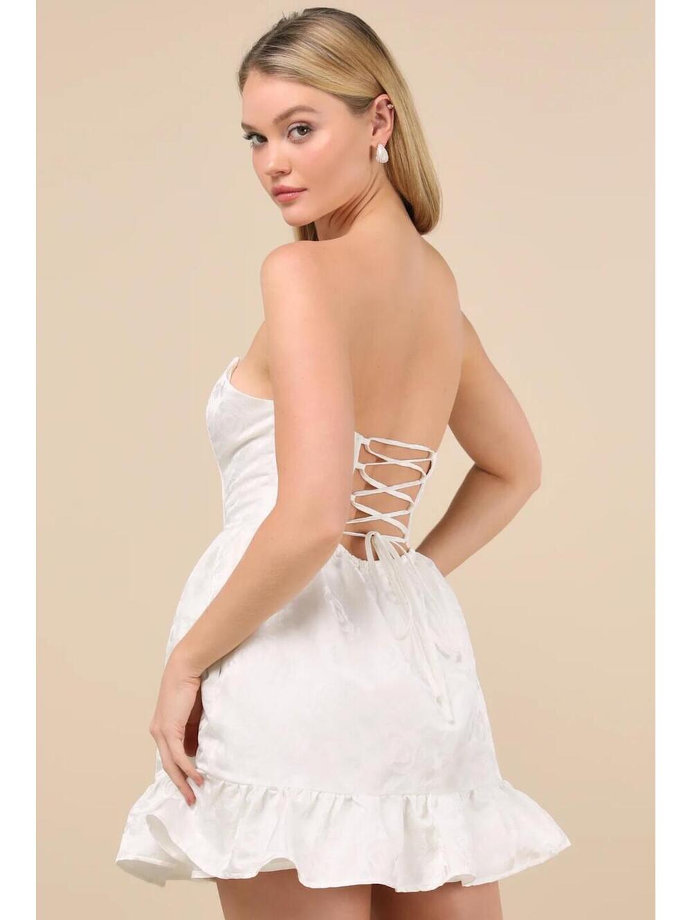 NWT (Flaw) Lulus Luxe Delight Ivory Jacquard Strapless Bustier Mini Dress Size M - Picture 2 of 9